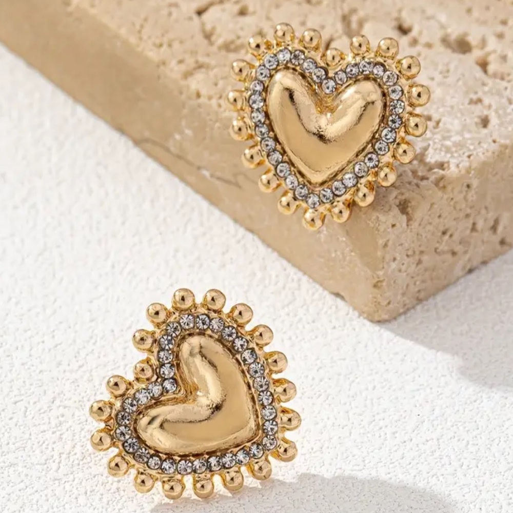 Heart Gold Plated with Sparkling Rhinestones, Valentine’s, Hippie, Boho Earrings